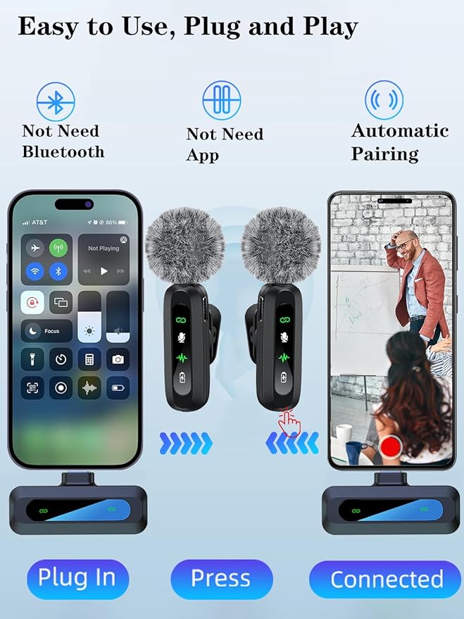 Microphone Cravate Sans Fil pour iPhone & Android – Plug & Play, Réduction de Bruit, 2 Micros pour Créateurs de Contenu & Vlog